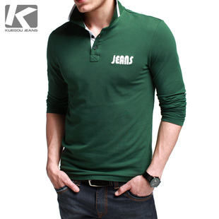  【KUEGOU】男式t恤 舒适纯色绣标 简约大气 男式长袖翻领POLO衫