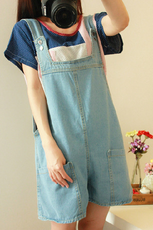 春夏新款复古学院可爱牛仔背带短裤宽松连体裤