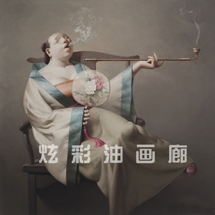 油画 纯手绘油画 胖女人 刘宝军 抽烟袋的女人 