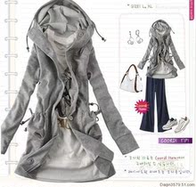 2010春装新款韩版女装热卖连帽长款休闲卫衣单排扣开衫外套