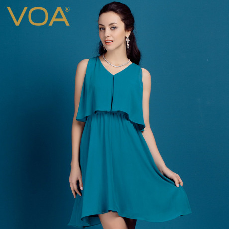 VOA 端庄大气假两件真丝连衣裙 高腰V领桑蚕丝不规则吊带裙A0316商品大图