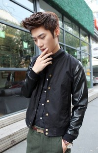  欧美流行时尚潮流帅气型男高档皮质撞色袖韩式男装修身夹克外套男