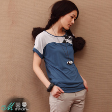 INMAN茵曼 2012夏装新款 圆领拼接印花短袖T恤女上衣 822022361