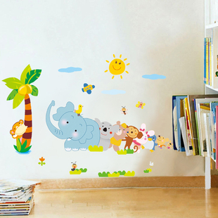 儿童房卡通墙壁贴纸 客厅卧室床头背景装饰 可爱小动物捉迷藏贴画