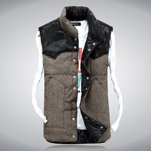  春秋男装新款立领PU拼接羽绒棉薄款毛呢马甲 男潮马夹