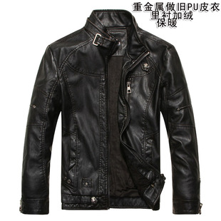  立领韩版修身机车皮衣 PU皮水洗皮夹克 做旧款加绒皮外套 男式
