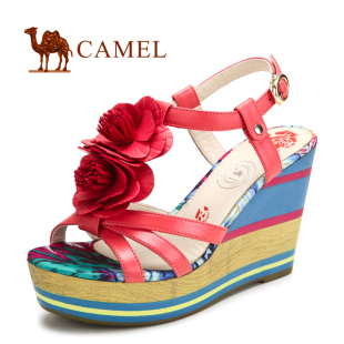  清仓 Camel 骆驼女鞋 头层牛皮 高跟花朵时尚坡跟凉鞋 1201600