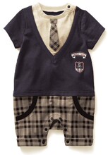 【调皮虫专营店】夏季新款短袖哈衣男宝宝西装假2件格子领带连体