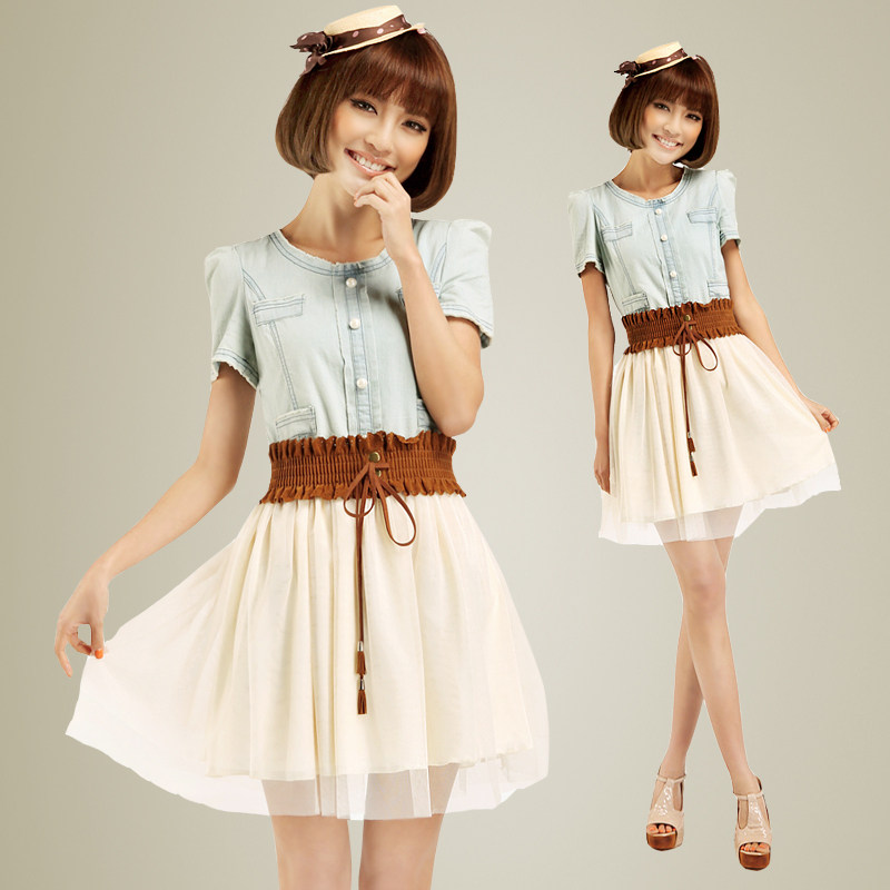vivi2012新款夏装连衣裙 欧美正品复古牛仔网纱拼接连衣裙包邮