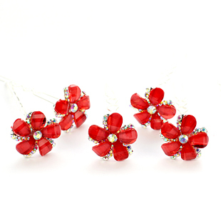  [千色新娘]红色水钻梅花发簪新娘结婚配饰甜美可爱头饰品古装发钗