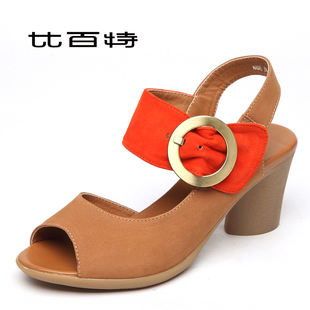  清仓 复古魔术贴女鞋 真皮中跟鱼嘴鞋 粗跟凉鞋 夏款清仓