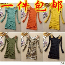包邮2012春装冬装女装新长袖t恤修身百搭双V领加厚长款打底衫女