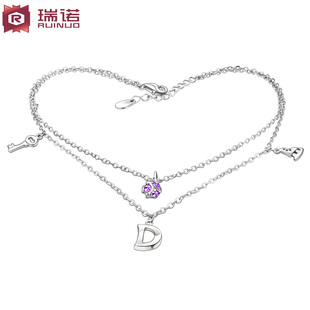  瑞诺 韩版时尚 925纯银 一生锁爱双层脚链 女饰品 红绳脚链