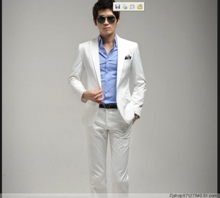  新款韩版男装西服套装 男士修身白色时尚休闲结婚礼服新郎小西装