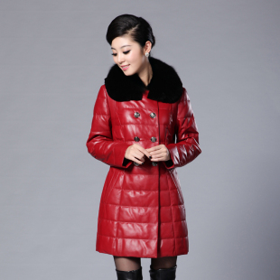  专柜正品 海宁皮衣绵羊皮真皮羽绒服 女中长款修身外套 羽绒皮衣