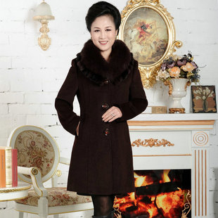  雅百威妈妈装冬装 高档真狐狸毛领呢大衣 高贵中老年女装长款外套