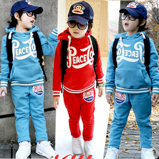  韩版童装孩子男童儿童时尚字母戴帽长袖套衫+休闲长裤套装100-140
