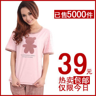 夏季<span class=H>睡</span>衣女夏款纯棉可爱卡通小熊短袖短裤<span class=H>睡</span>衣家居服套装女两件套