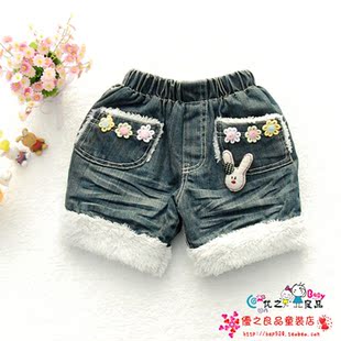  童装女童儿童加绒中厚牛仔裤短裤韩版宝宝裤子 贝蕾地靴裤