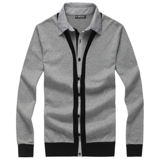  春装新款男士翻领针织衫 韩版假两件毛衣 男式休闲外套线衣潮