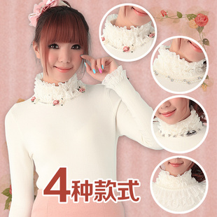  秋冬新品,韩版长袖套头针织衫,白色蕾丝高领针织打底衫