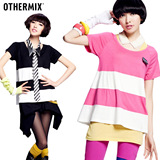 七格格OTHERMIX 女装 条纹拼接 中长款韩版圆领短袖T恤 女22A1210