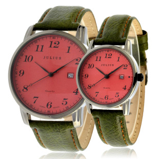  7折!韩国Julius名匠真皮带日历情侣手表女复古表一对防水男士腕表