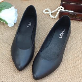 女式鞋牛皮尖头平底鞋 真皮女单鞋船鞋黑色
