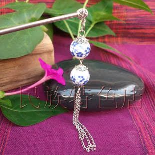  青花瓷陶瓷淑女民族古代古装复古典盘发簪子结婚头钗发饰步摇流苏