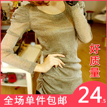 包邮2012新款女装<span class=H>韩版</span>蕾丝 网纱泡泡袖性感修身打底衫<span class=H>长袖</span>T恤 女
