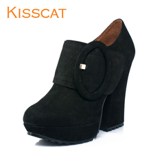 KISSCAT接吻猫 牛皮优雅气质超高跟粗跟防水台高帮鞋通勤OL女单鞋图片