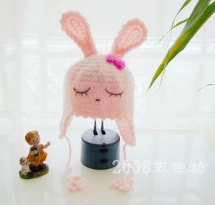纯手工编织绒线宝宝卡通小兔造型护耳帽子-26