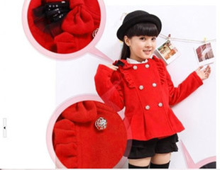  笛莎童装女童秋装新款外套秋冬韩版双排扣圆领红色儿童短大衣
