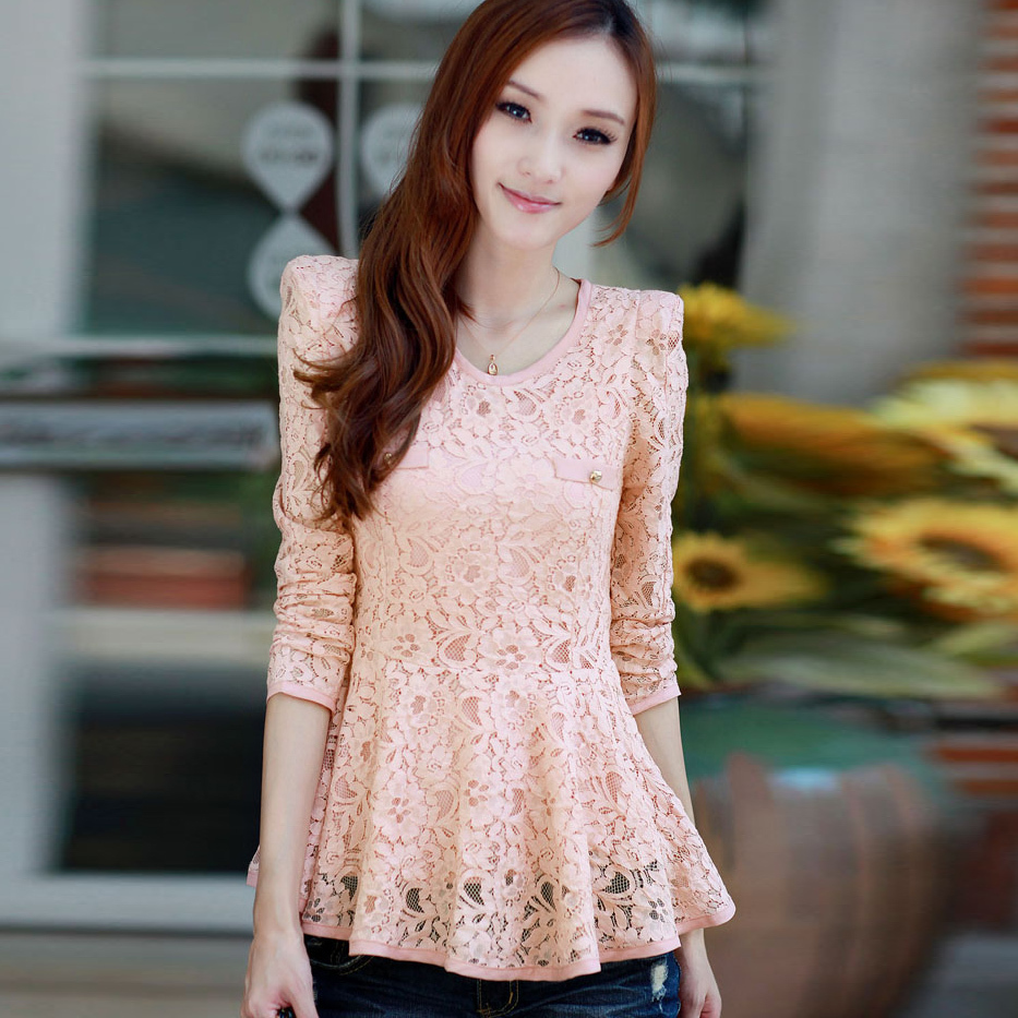 圆领长袖雪纺衫蕾丝...
