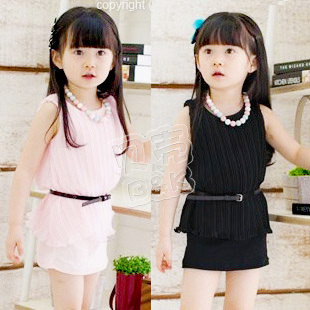 夏装韩版新款 百褶雪纺女童装宝宝儿童背心裙送腰带qz-0389