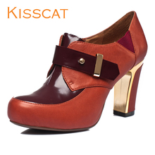 KISSCAT接吻猫 牛皮撞色帅气英伦拼接超高跟粗跟高帮通勤女单鞋子图片