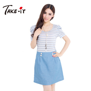 专柜正品 take-it 2012新款 夏装 甜美 条纹 拼接 连衣裙 112542