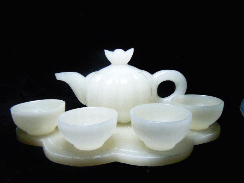 天然新疆白玉 招财元宝茶具一套摆件w9841
