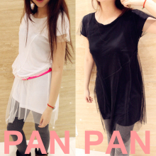 【PANPAN】TS-106 超性感的双层纱+棉拼接短袖长款T恤 2色