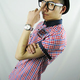 2012新款费连记原创设计师品牌潮男全棉格子徽章短袖衬衫牛仔拼接