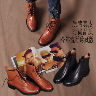  新款 复古真皮雕花短靴 中性英伦风女 正装鞋系带 马丁靴包邮