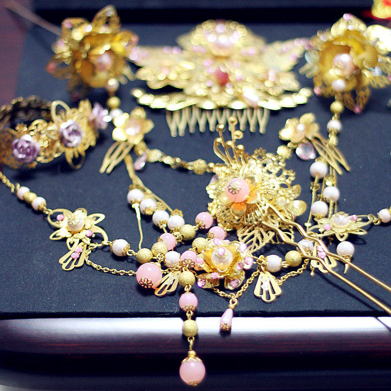 [DIY饰品]国风Cosplay民族手绘古装配饰 金粉花型珠玉石 发饰项链