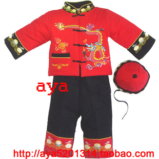  秋冬新款男宝宝唐装新年装三件套男童周岁礼服婴幼儿棉衣套装
