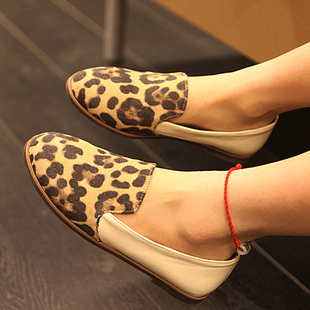  新款单鞋欧美豹纹拼接漆皮平底鞋 单鞋休闲鞋英伦风皮鞋女鞋