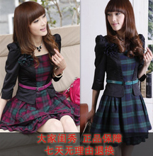 2012春夏装新款韩版女装正品OL通勤修身收腰格子中袖连衣裙阿依莲