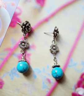  云南民族耳饰批发复古 藏银耳环  苗银绿松石耳钉 耳夹YC016