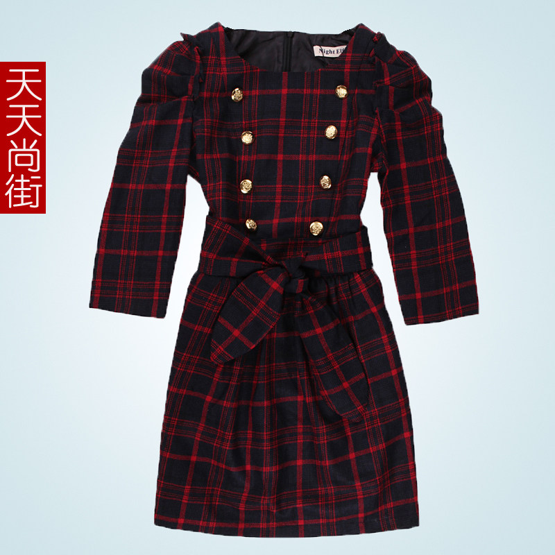 热销2011秋装新款羊毛呢连衣裙女装甜美红格子打底裙子秋冬连衣裙