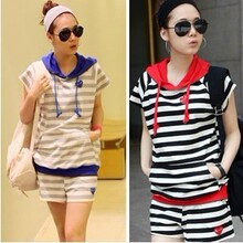 包邮 2012春夏新款 韩版女装休闲套装女装运动服条纹套装1014