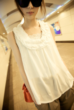 2012夏季新款韩版女装 花苞领边百搭OL气质雪纺衫 无袖T恤背心 特