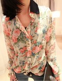2012春装新款女装 雪纺韩版女装透视复古风碎花雪纺春夏衬衫衬衣